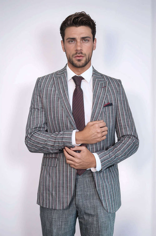 Striped Two Piece Grey Men Suit - Wessi