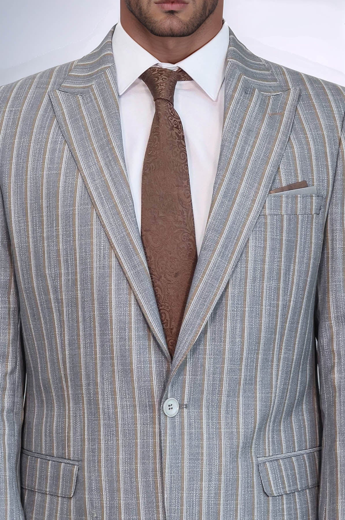 Striped Blazer Plain Pants Grey Men Suit - Wessi
