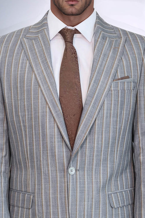 Striped Blazer Plain Pants Grey Men Suit - Wessi