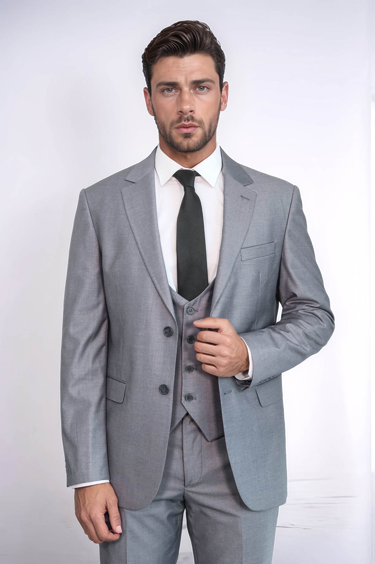 Grey Slim Fit Men's Suit with Vest | Wessi