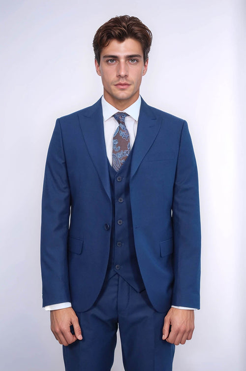 Blue Men's Plain Suit with Vest - Wessi