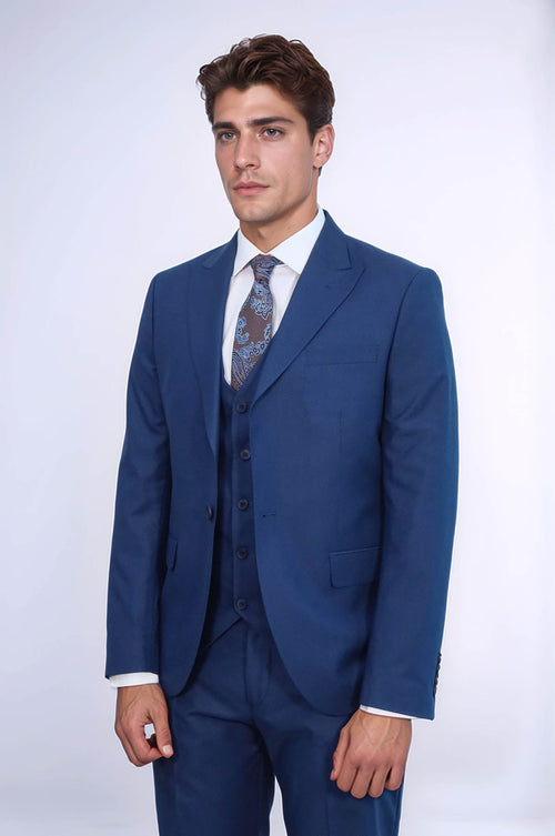 Blue Men's Plain Suit with Vest - Wessi