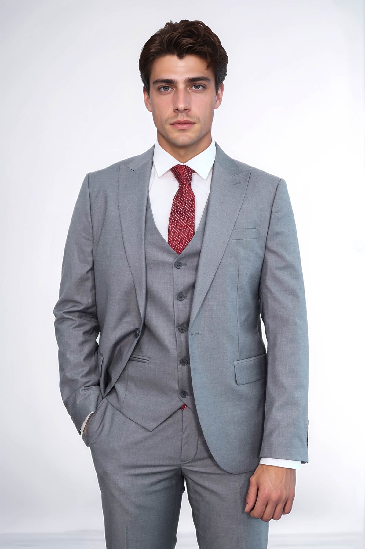 Grey Men's Plain Suit with Vest - Wessi