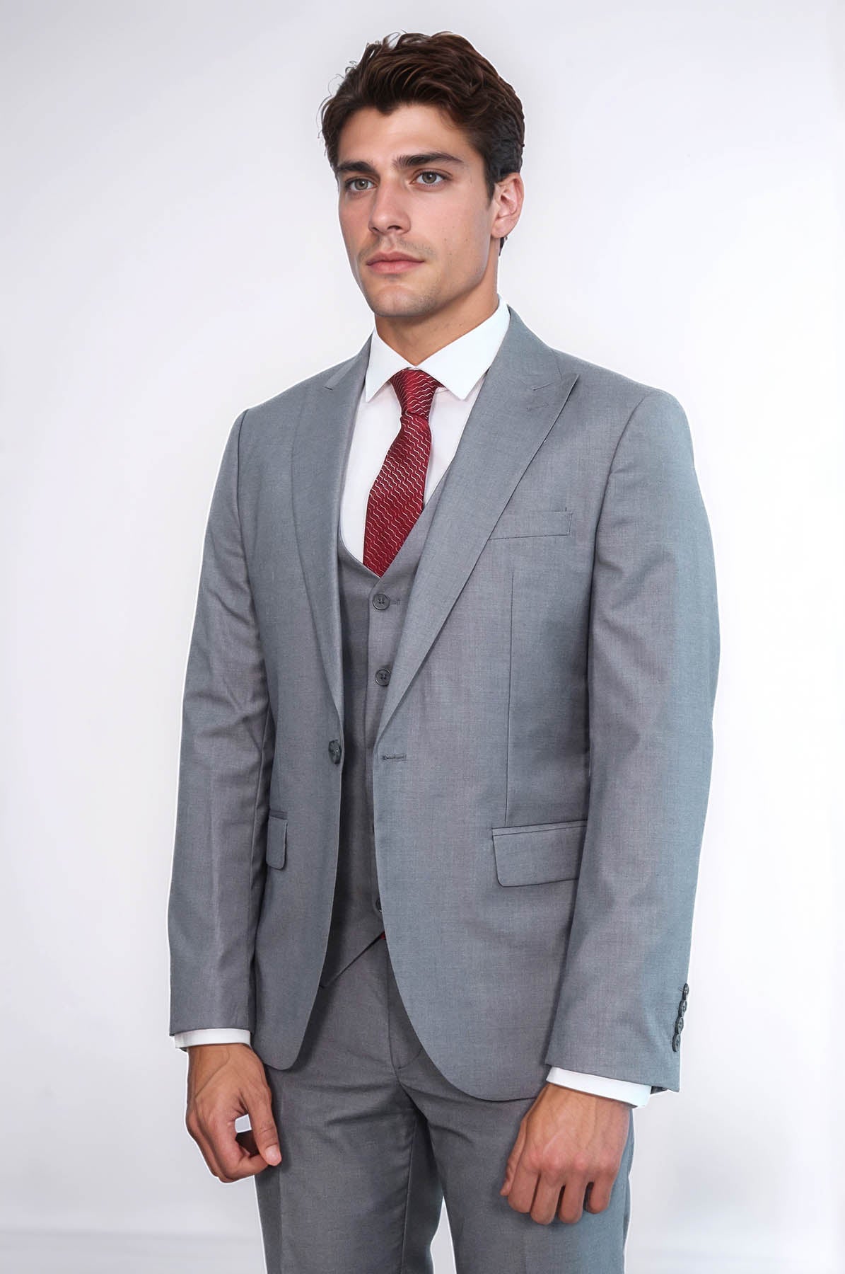 Grey Men's Plain Suit with Vest - Wessi