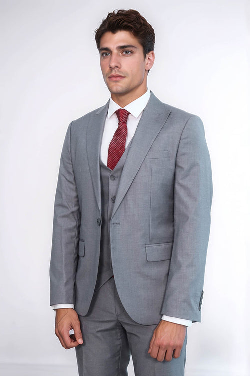 Grey Men's Plain Suit with Vest - Wessi