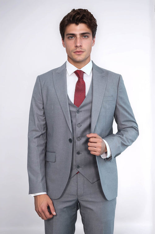 Grey Men's Plain Suit with Vest - Wessi