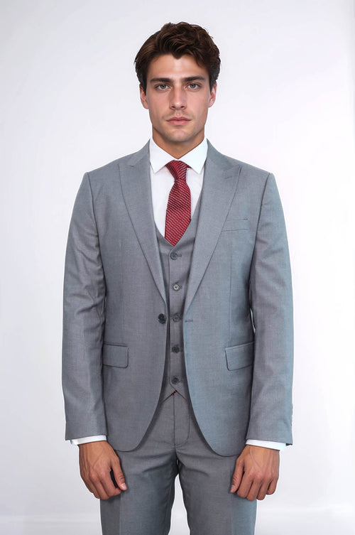 Grey Men's Plain Suit with Vest - Wessi