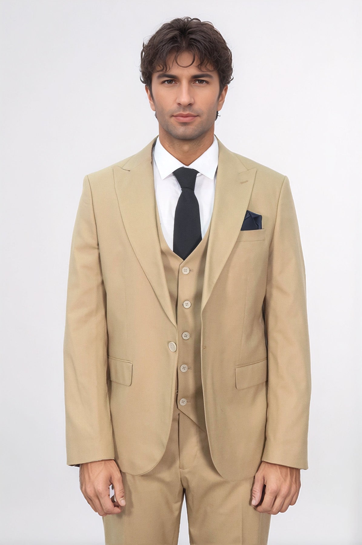 Tan Men's Plain Suit with Vest - Wessi