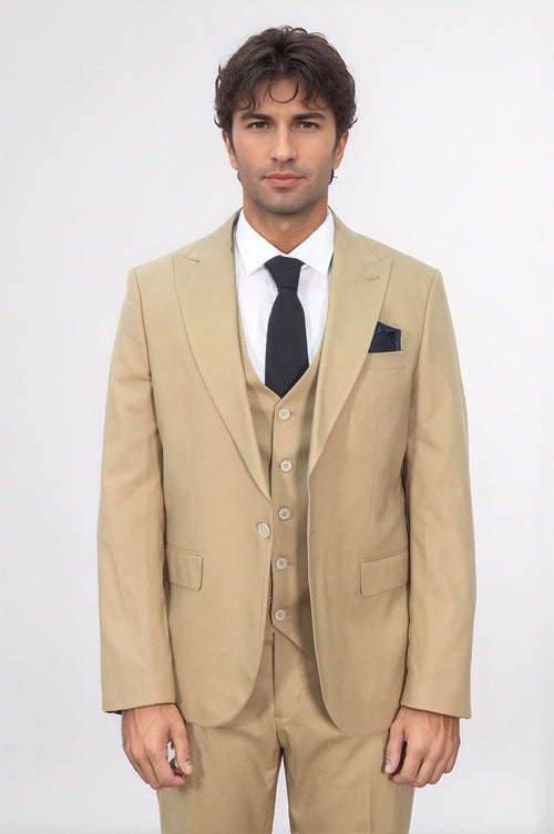 Tan Men's Plain Suit with Vest - Wessi