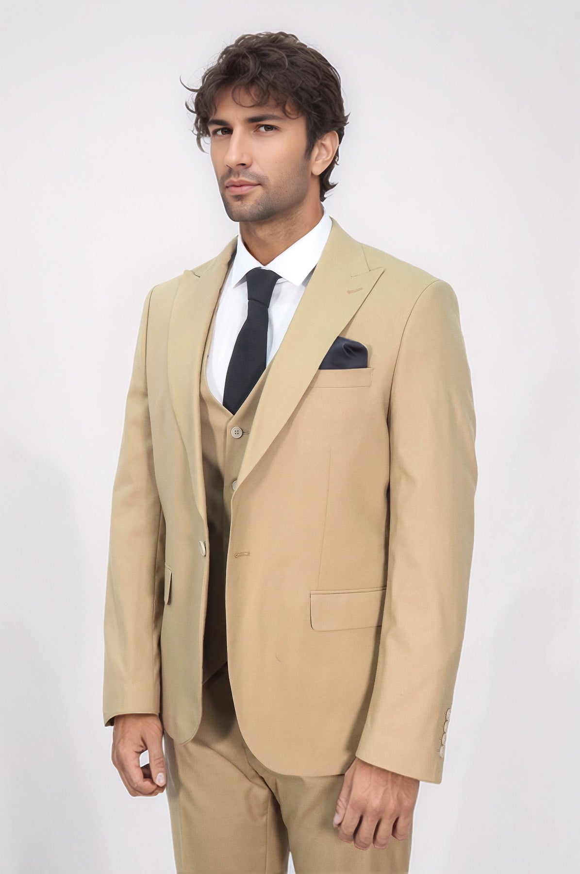 Tan Men's Plain Suit with Vest - Wessi