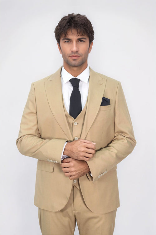 Tan Men's Plain Suit with Vest - Wessi