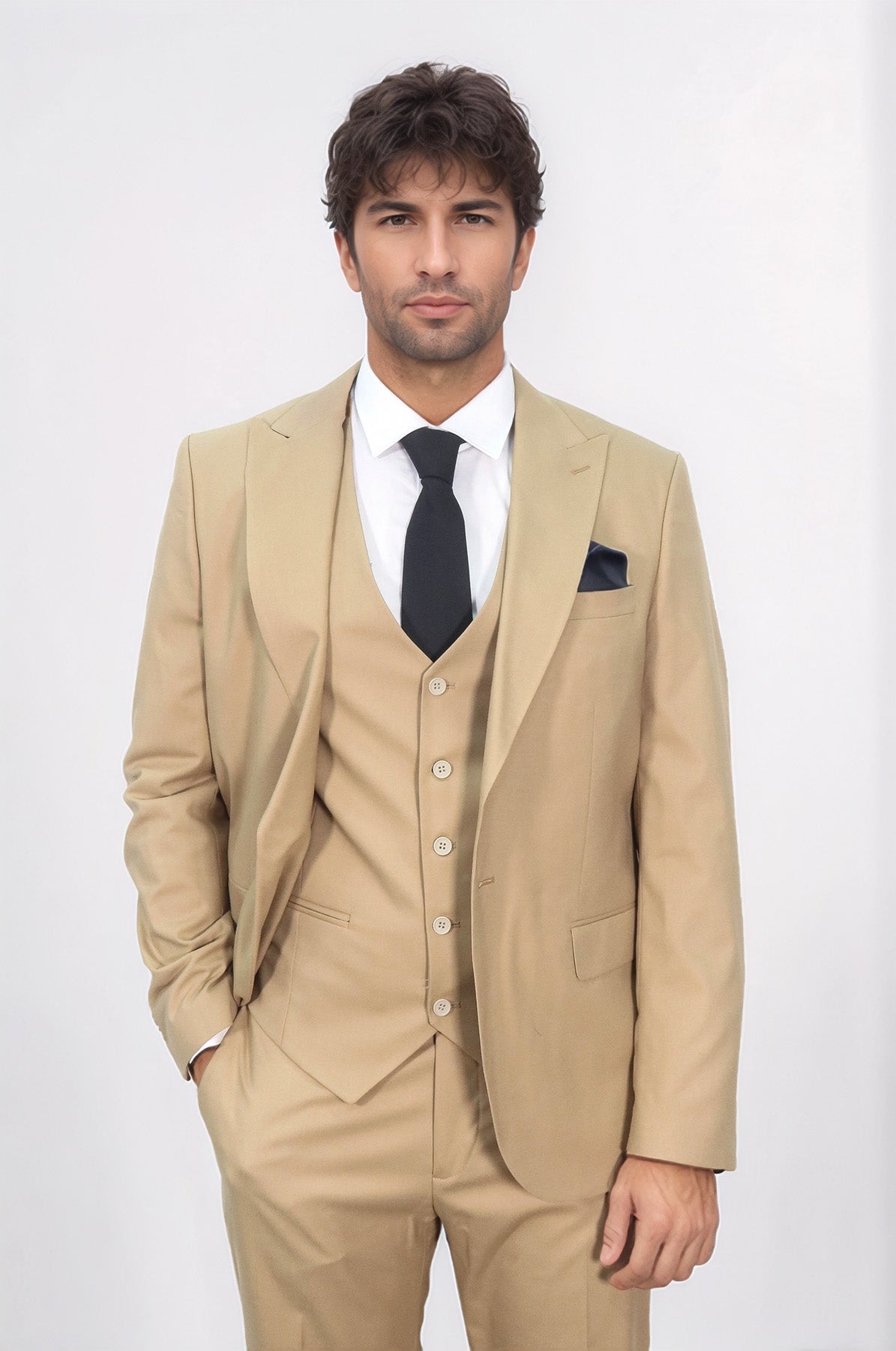 Tan Men's Plain Suit with Vest - Wessi