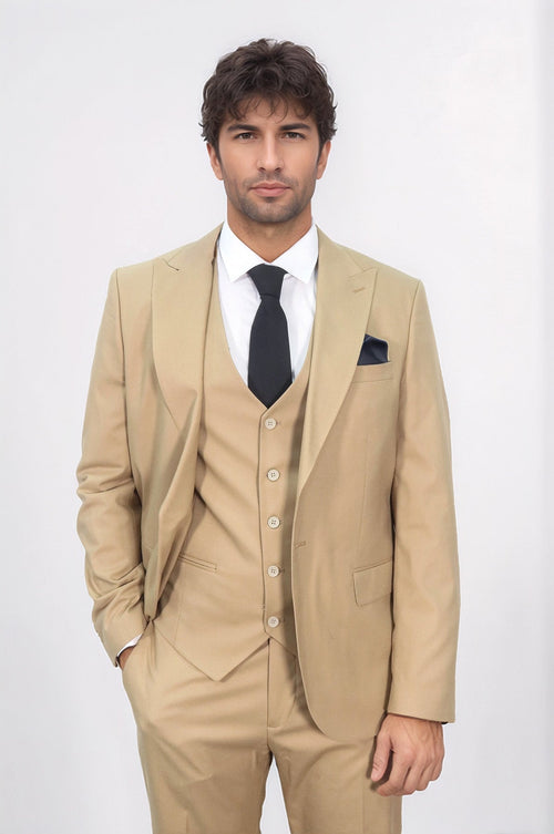 Tan Men's Plain Suit with Vest - Wessi