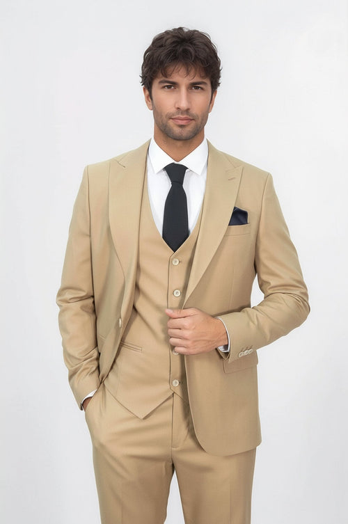Tan Men's Plain Suit with Vest - Wessi