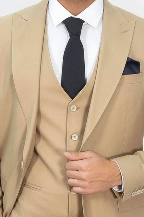 Tan Men's Plain Suit with Vest - Wessi