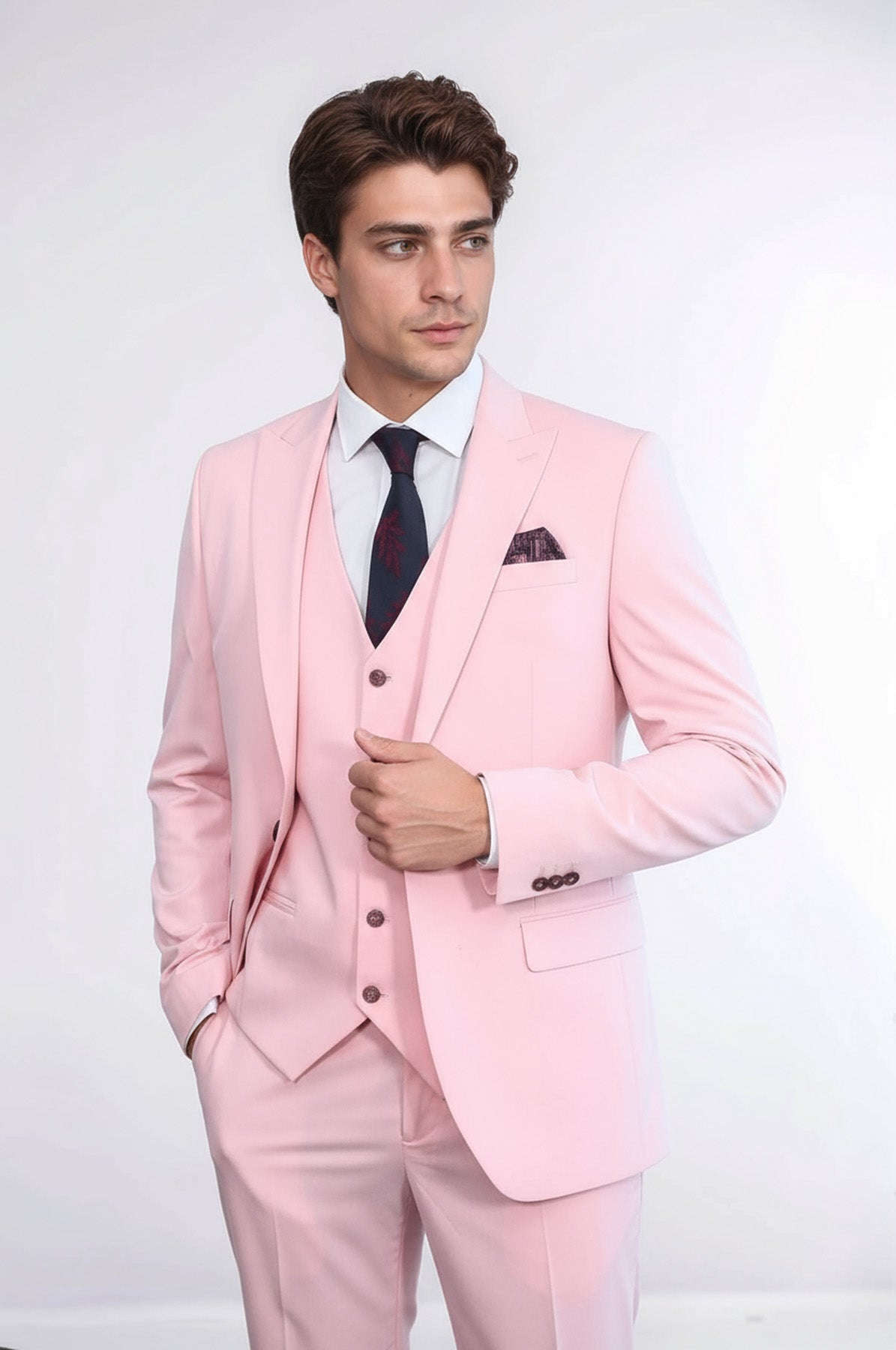 Pink Men's Plain Suit with Vest - Wessi