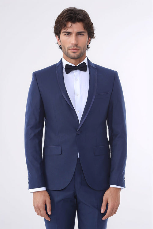 2 Piece Tuxedo Collar Piping Navy Blue Suit-Wessi