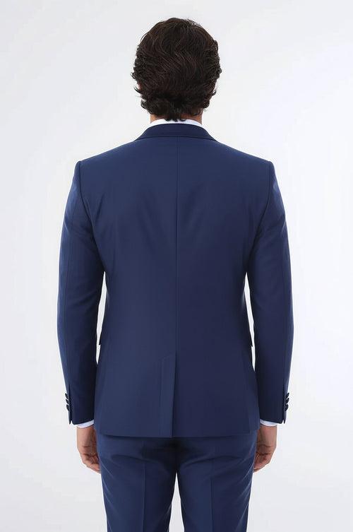 2 Piece Tuxedo Collar Piping Navy Blue Suit-Wessi