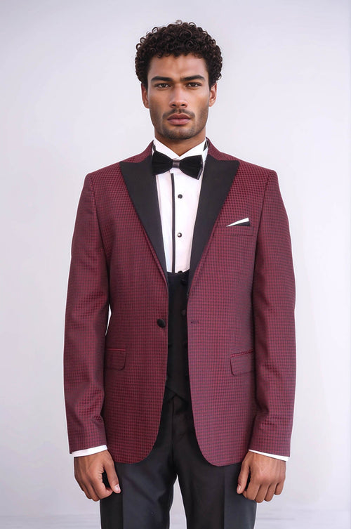Patterned Blazer Plain Vest and Trousers Claret Red Tuxedo - Wessi