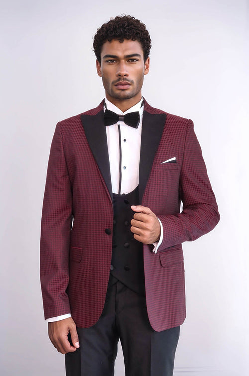 Patterned Blazer Plain Vest and Trousers Claret Red Tuxedo - Wessi
