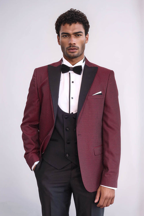 Patterned Blazer Plain Vest and Trousers Claret Red Tuxedo - Wessi