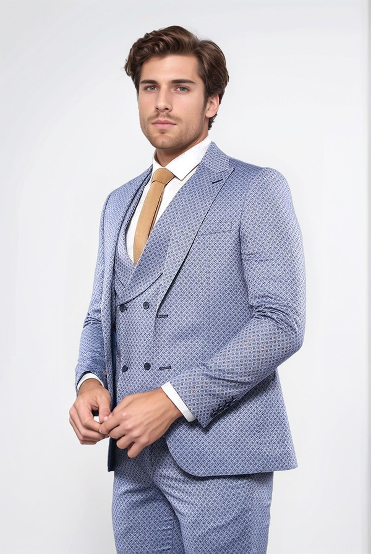 Self Patterned Vested Blue Suit | Wessi
