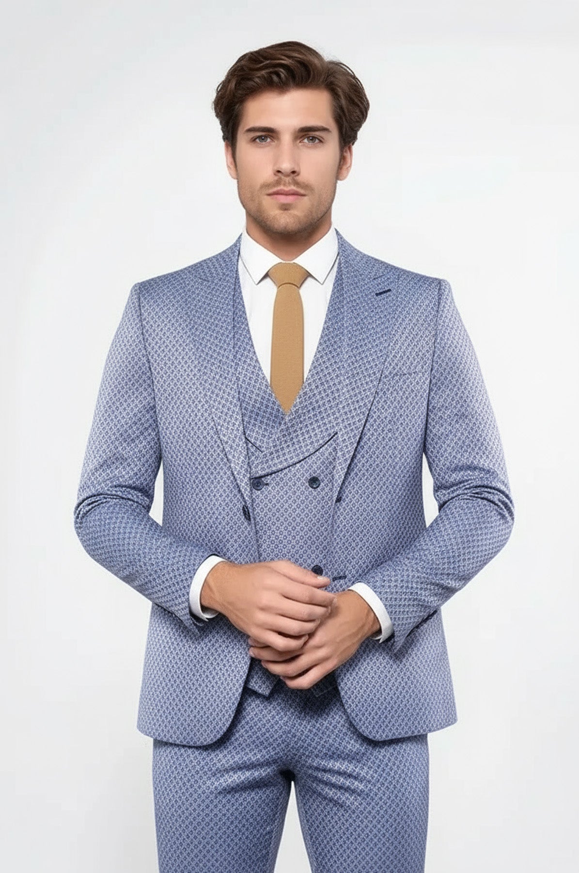 Self Patterned Vested Blue Suit | Wessi