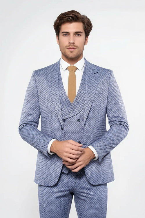 Self Patterned Vested Blue Suit | Wessi