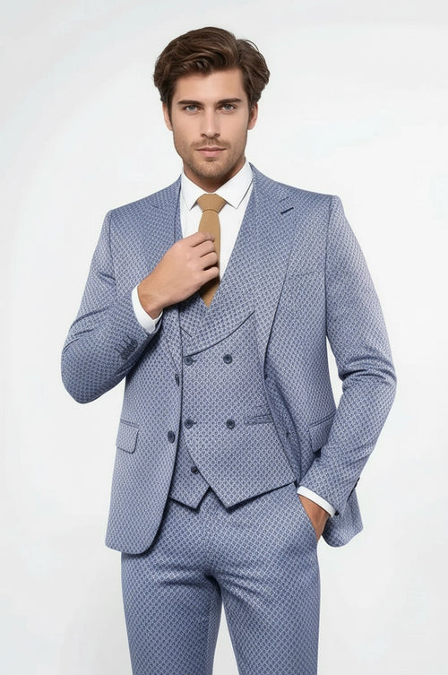 Self Patterned Vested Blue Suit | Wessi
