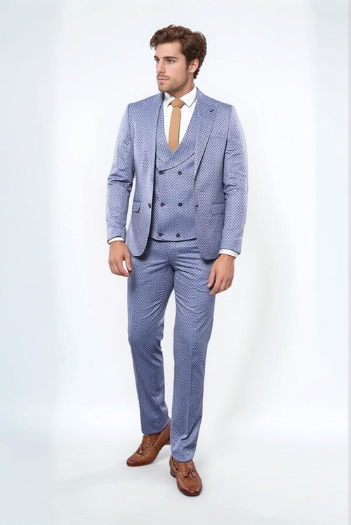 Self Patterned Vested Blue Suit | Wessi