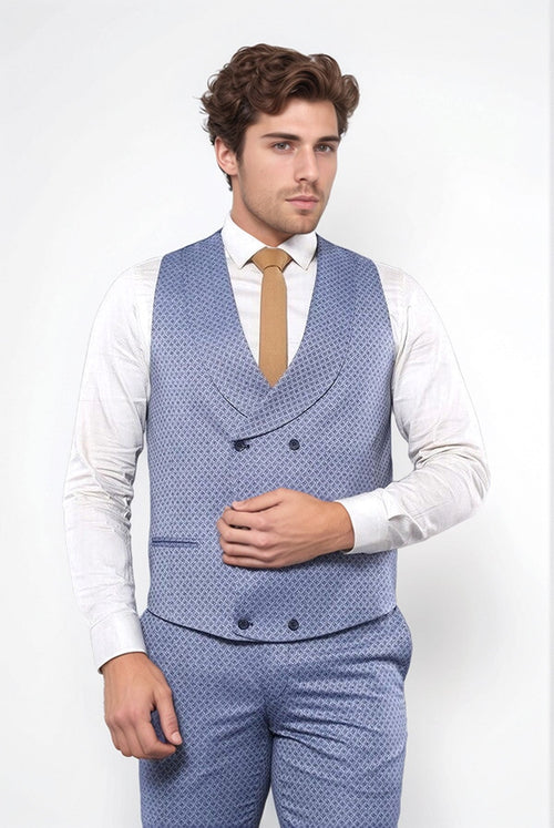 Self Patterned Vested Blue Suit | Wessi