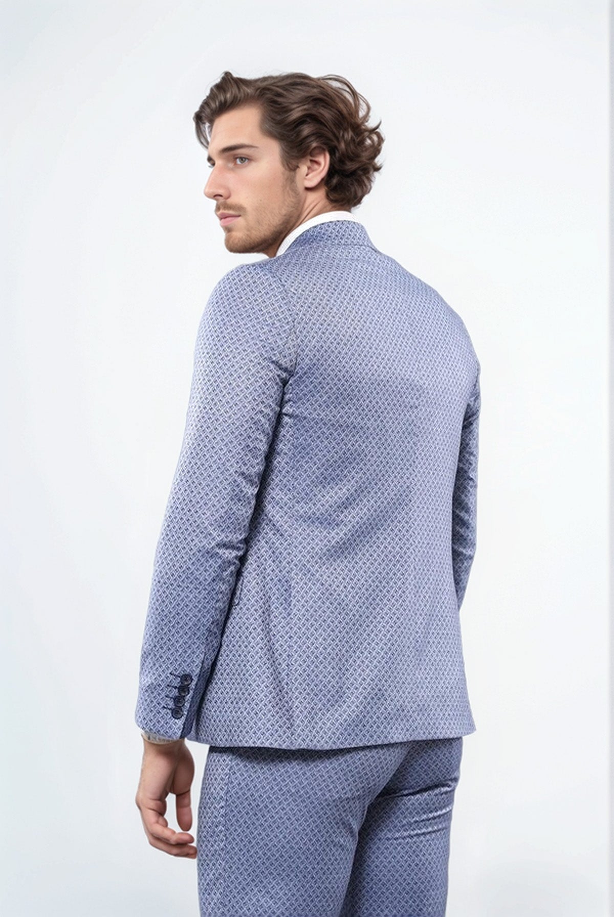 Self Patterned Vested Blue Suit | Wessi