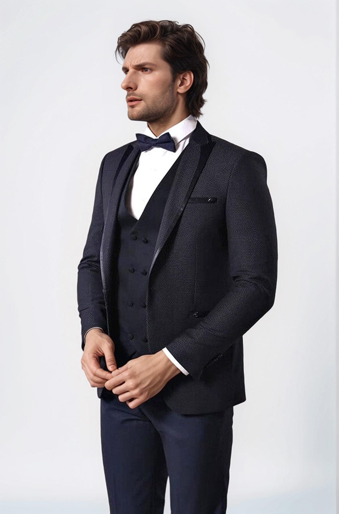 Dot Patterned Vested Dark Blue Wedding Suit | Wessi - Wessi