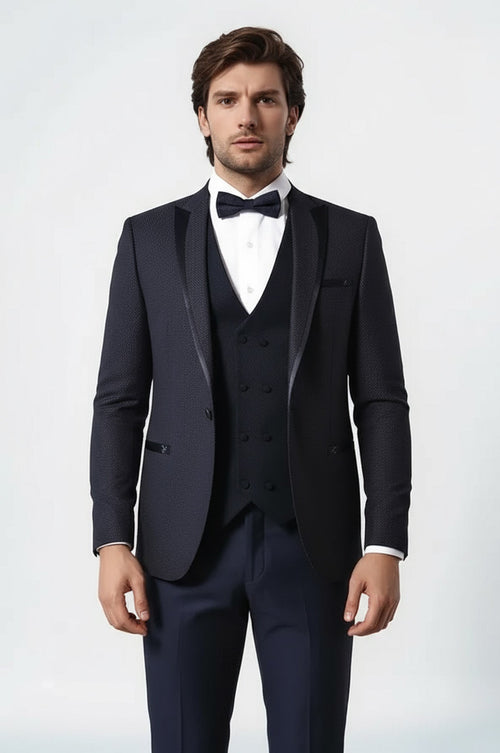Dot Patterned Vested Dark Blue Wedding Suit | Wessi - Wessi