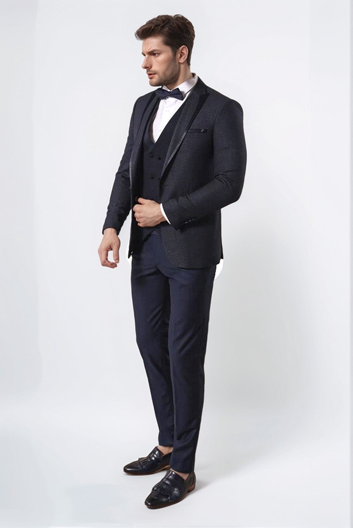 Dot Patterned Vested Dark Blue Wedding Suit | Wessi - Wessi