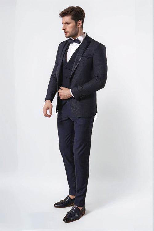 Dot Patterned Vested Dark Blue Wedding Suit | Wessi - Wessi