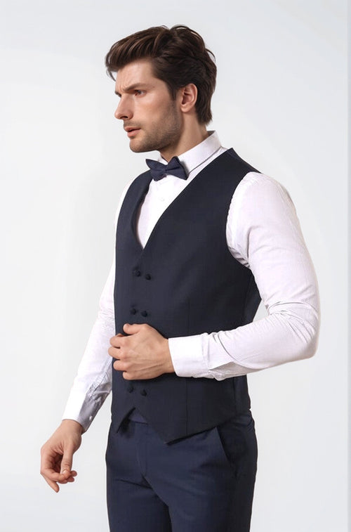 Dot Patterned Vested Dark Blue Wedding Suit | Wessi - Wessi