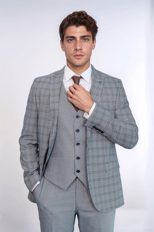 Plaid Slim-Fit Light Blue Men Suit - Wessi