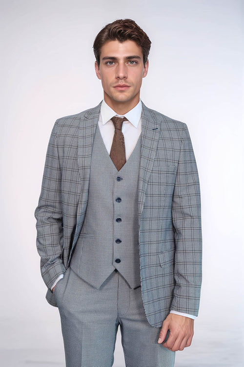 Plaid Slim-Fit Light Blue Men Suit - Wessi