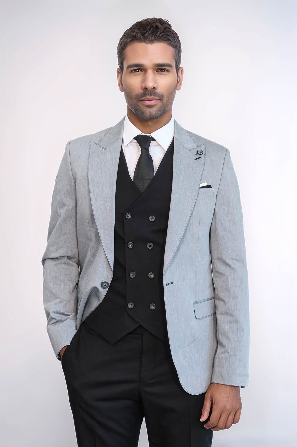 Black Double Breasted Vest Grey Men Suit - Wessi