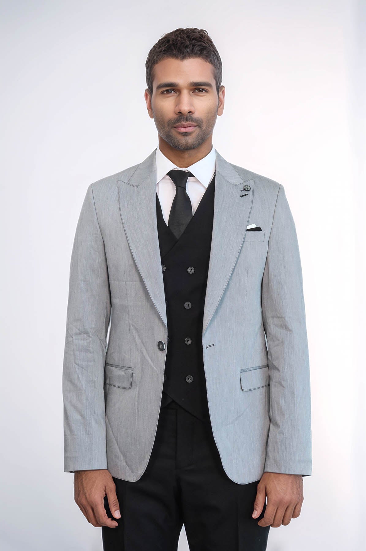 Black Double Breasted Vest Grey Men Suit - Wessi