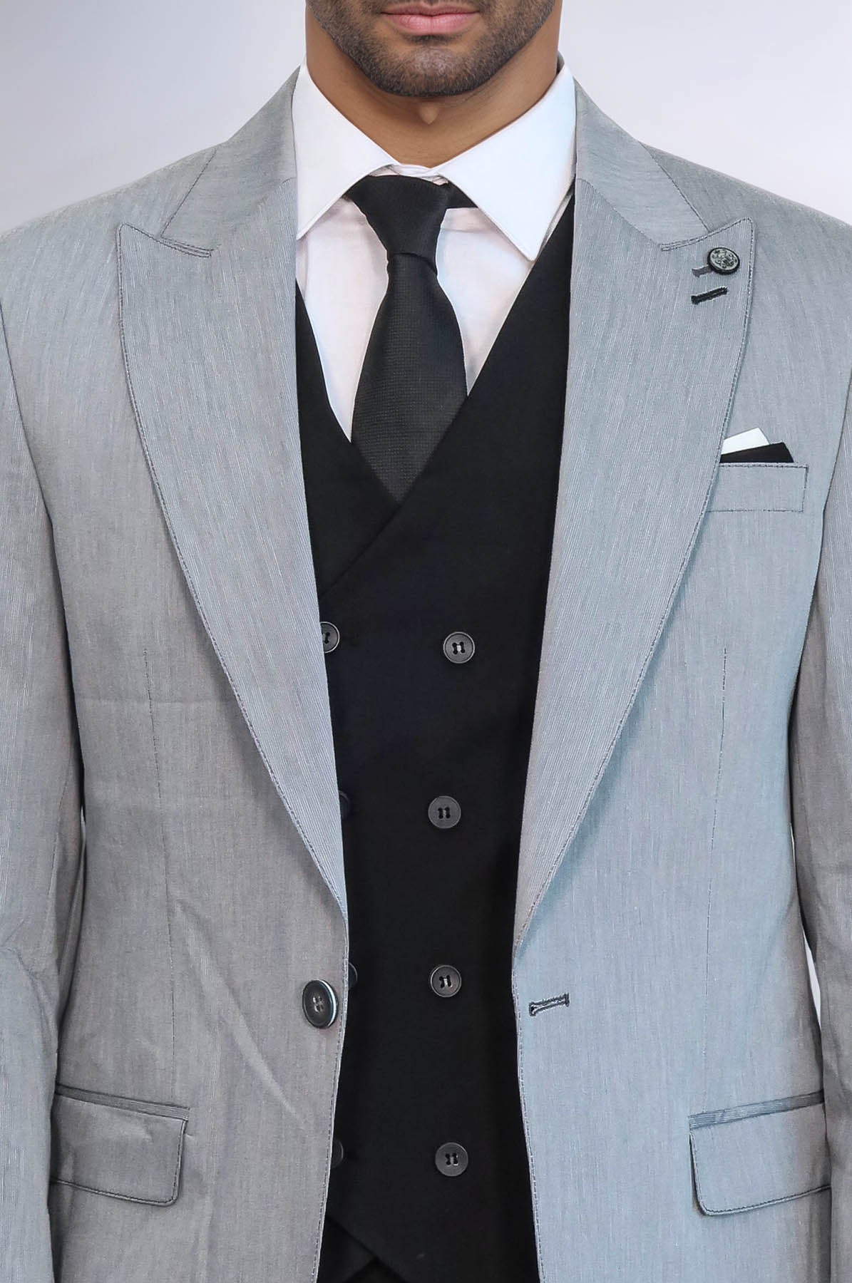 Black Double Breasted Vest Grey Men Suit - Wessi