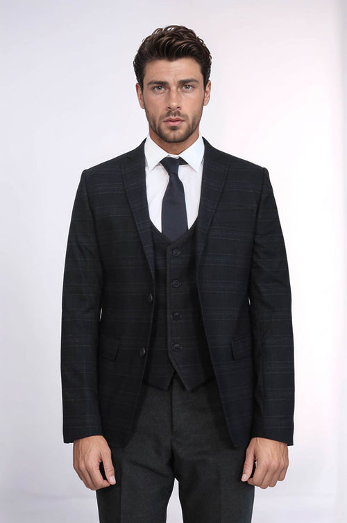 Plaid 3 Piece Black Suit | Wessi