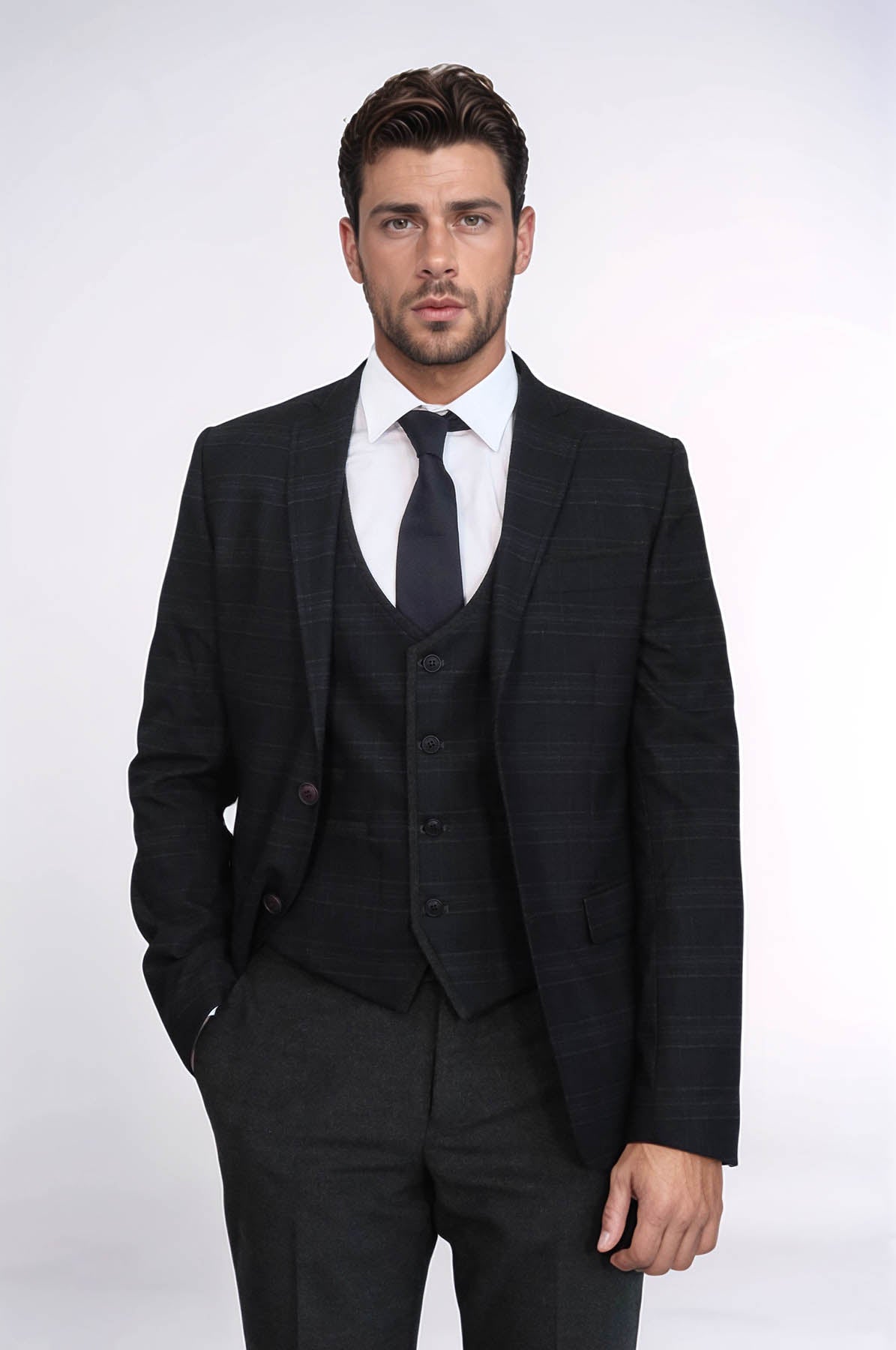 Plaid 3 Piece Black Suit | Wessi
