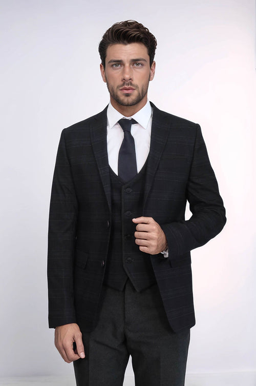 Plaid 3 Piece Black Suit | Wessi