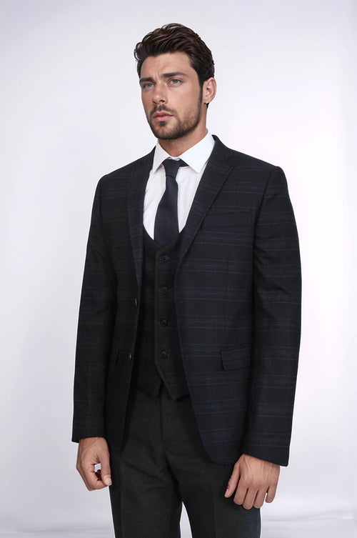 Plaid 3 Piece Black Suit | Wessi