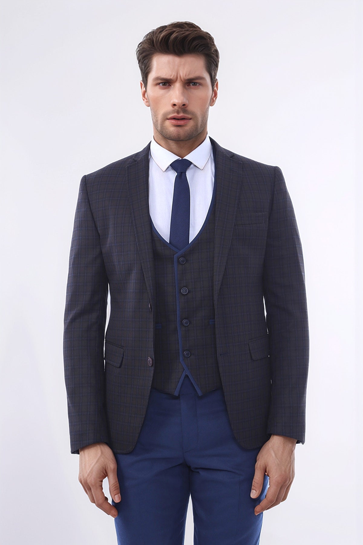 Brown Plaid Men's Winter 3 Piece Suit - Wessi