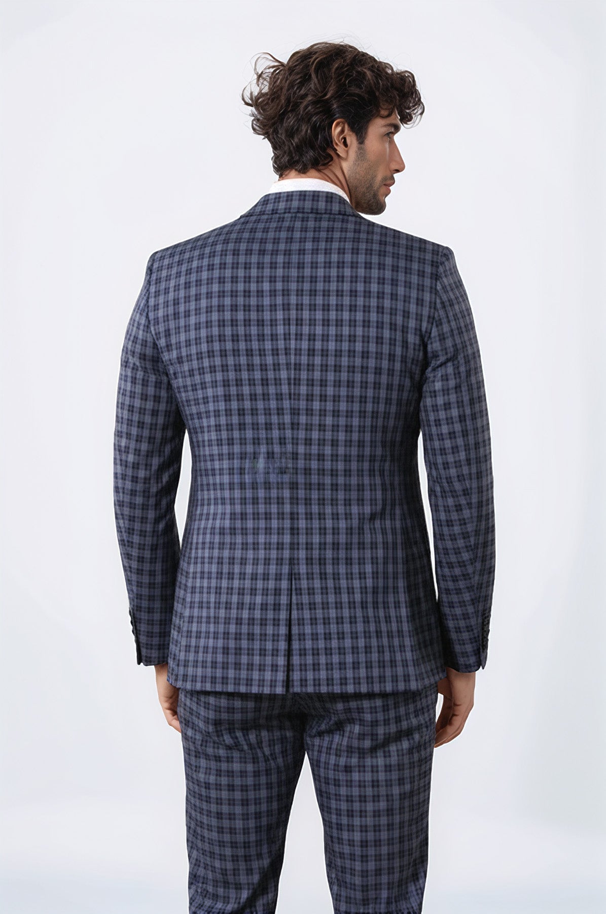 Plaid Navy Blue Men's Double Breasted Suit | Wessi