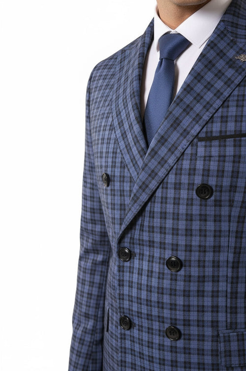 Plaid Navy Blue Men's Double Breasted Suit | Wessi
