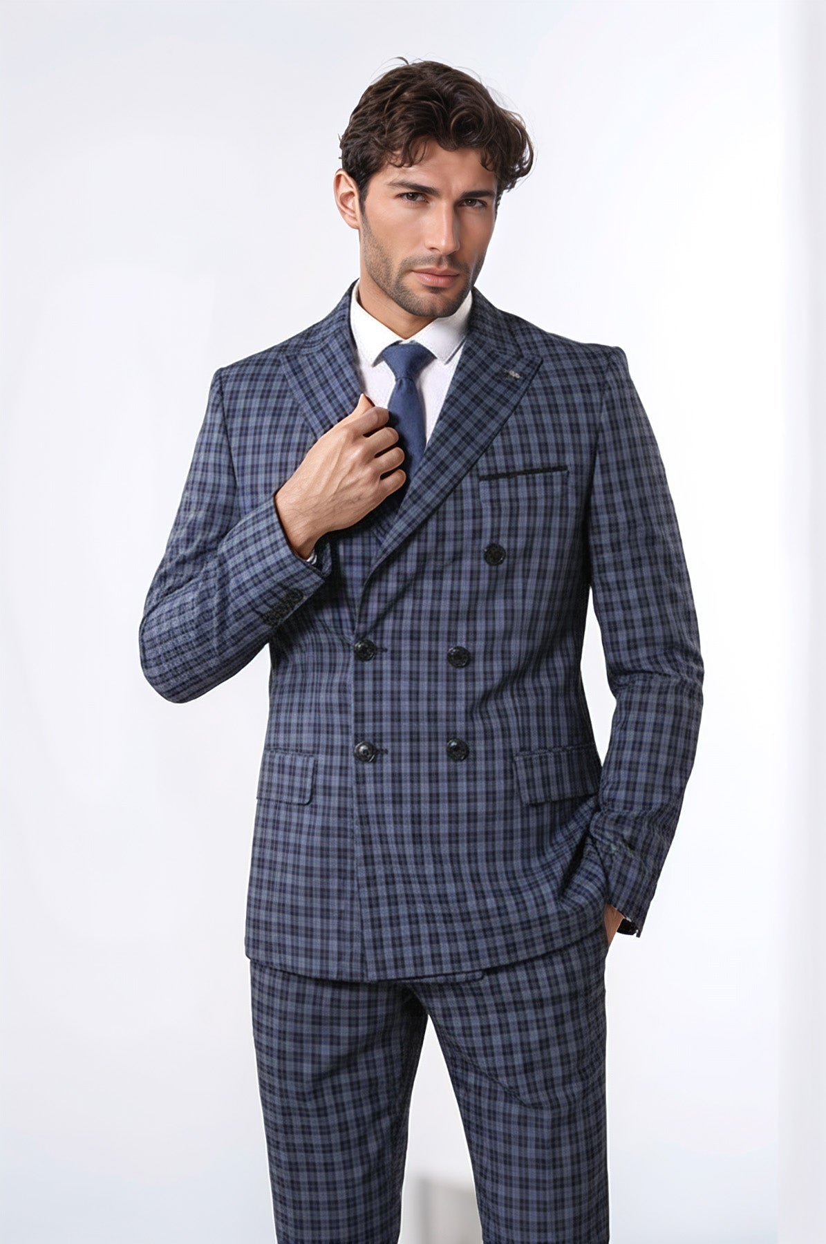 Plaid Navy Blue Men's Double Breasted Suit | Wessi